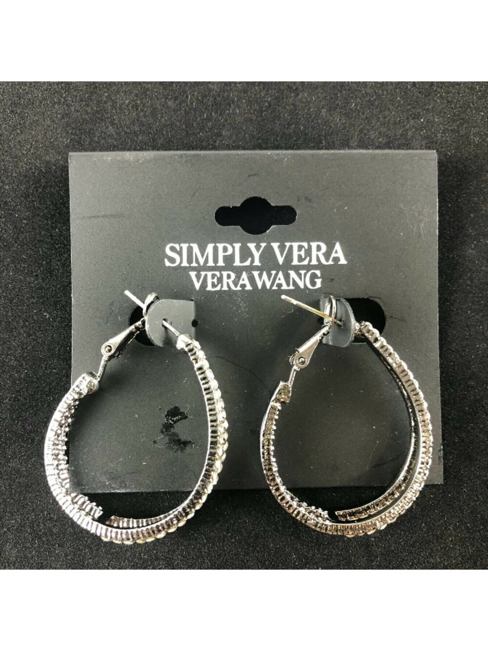 Vera Wang Dark Silver-tone Oval Hoops Earrings 1 3/8" with Rhinestones